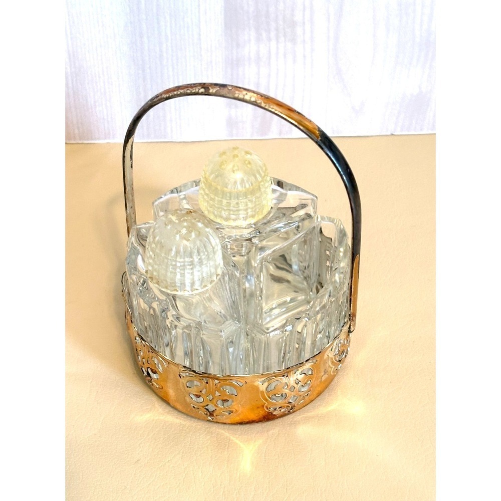 Vintage Salt Pepper Mustard Set Glass w Metal Caddy 3pc Cruet Shakers Art Deco